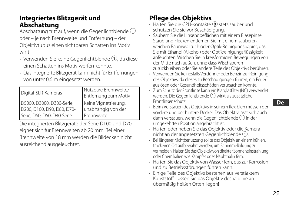 Integriertes blitzgerät und abschattung, Pflege des objektivs, Akte (s. 25) | Nikon 18-55mm-f-35-56G-AF-S-DX-VR-Zoom-Nikko User Manual | Page 25 / 108