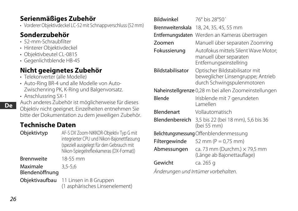 Serienmäßiges zubehör, Sonderzubehör, Nicht geeignetes zubehör | Technische daten | Nikon 18-55mm-f-35-56G-AF-S-DX-VR-Zoom-Nikko User Manual | Page 26 / 108