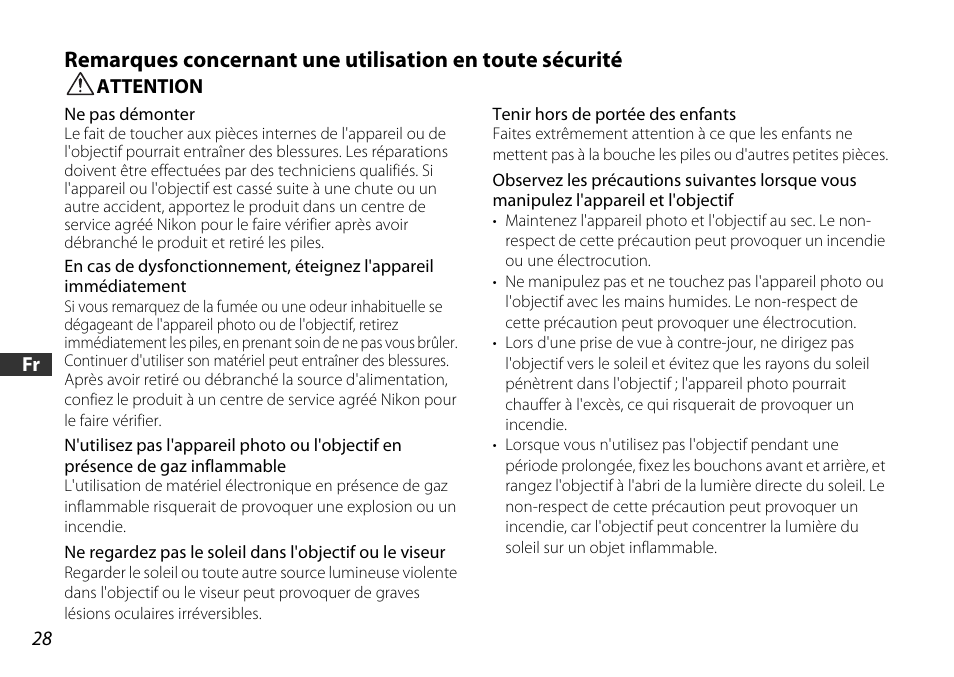 Attention | Nikon 18-55mm-f-35-56G-AF-S-DX-VR-Zoom-Nikko User Manual | Page 28 / 108