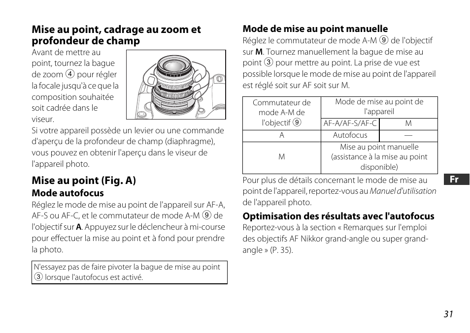 Mise au point (fig. a), Mode autofocus, Mode de mise au point manuelle | Optimisation des résultats avec l'autofocus, Zoom (p. 31), P. 31) | Nikon 18-55mm-f-35-56G-AF-S-DX-VR-Zoom-Nikko User Manual | Page 31 / 108