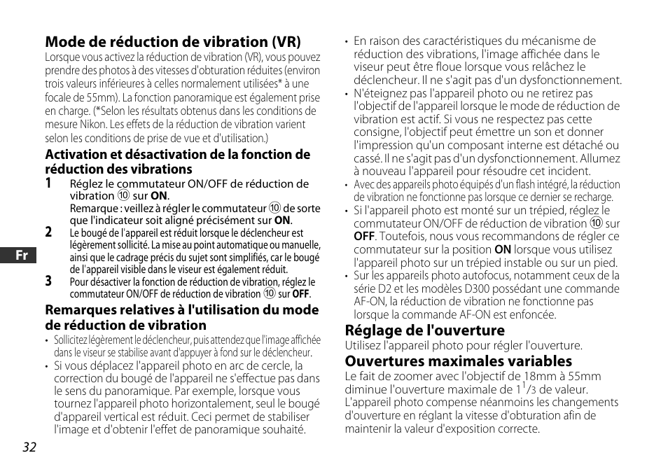 Mode de réduction de vibration (vr), Réglage de l'ouverture, Ouvertures maximales variables | N (p. 32) | Nikon 18-55mm-f-35-56G-AF-S-DX-VR-Zoom-Nikko User Manual | Page 32 / 108
