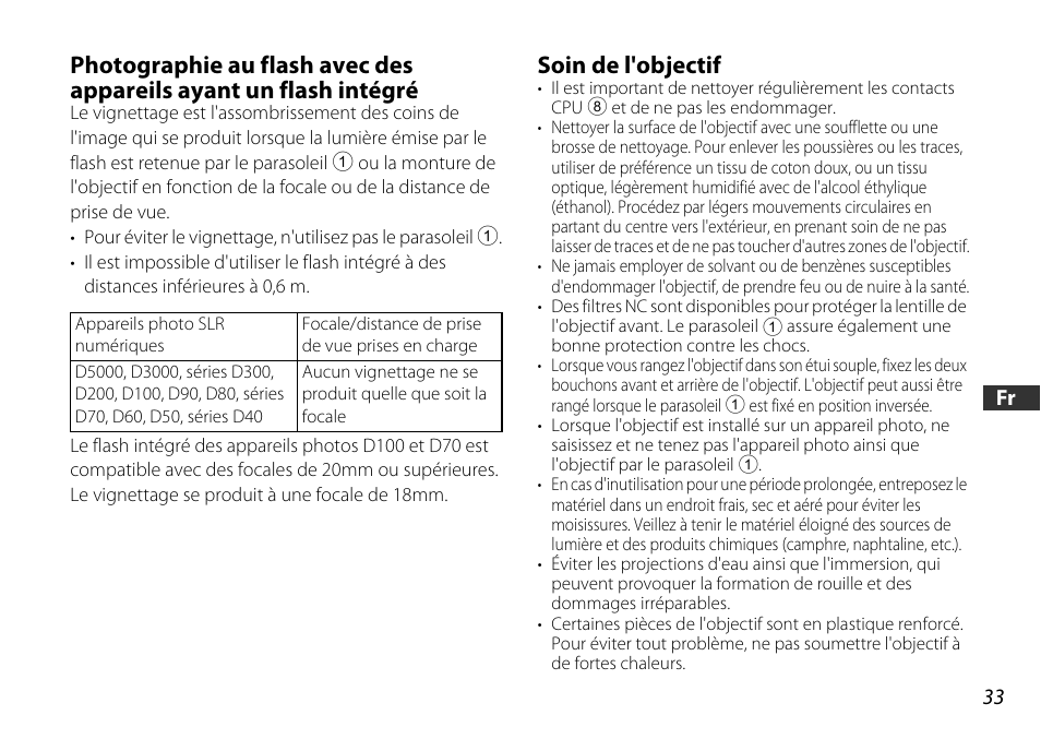 Soin de l'objectif, Cpu (p. 33) | Nikon 18-55mm-f-35-56G-AF-S-DX-VR-Zoom-Nikko User Manual | Page 33 / 108