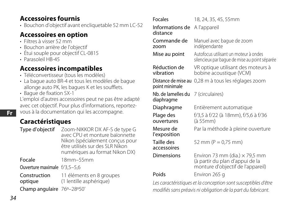 Accessoires fournis, Accessoires en option, Accessoires incompatibles | Caractéristiques | Nikon 18-55mm-f-35-56G-AF-S-DX-VR-Zoom-Nikko User Manual | Page 34 / 108