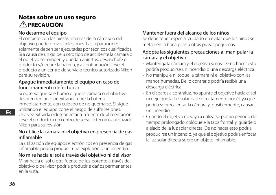 Notas sobre un uso seguro, Precaución | Nikon 18-55mm-f-35-56G-AF-S-DX-VR-Zoom-Nikko User Manual | Page 36 / 108