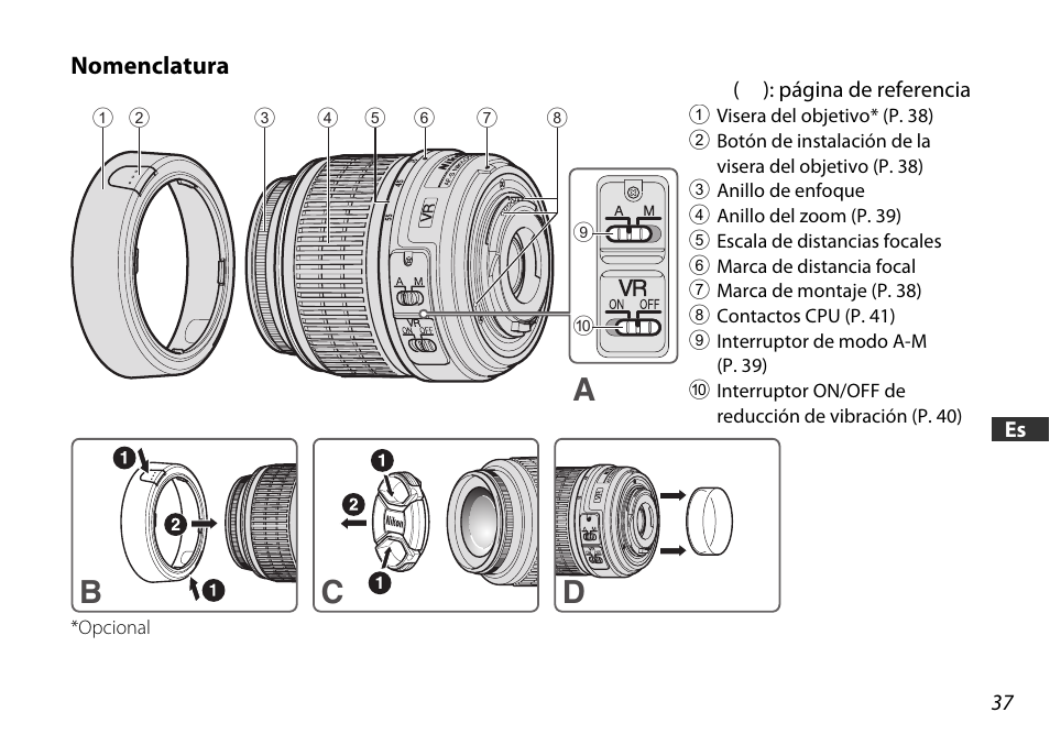 Nomenclatura, Ab c d | Nikon 18-55mm-f-35-56G-AF-S-DX-VR-Zoom-Nikko User Manual | Page 37 / 108