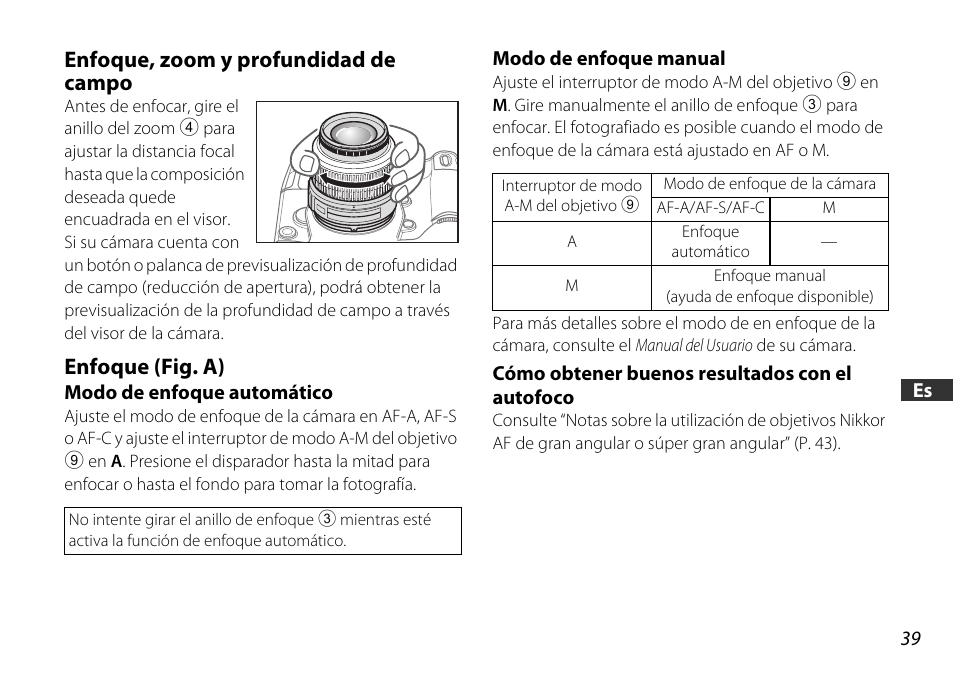 Enfoque, zoom y profundidad decampo, Enfoque (fig. a), Modo de enfoque automático | Modo de enfoque manual, Cómo obtener buenos resultados con elautofoco, P. 39), Enfoque, zoom y profundidad de campo | Nikon 18-55mm-f-35-56G-AF-S-DX-VR-Zoom-Nikko User Manual | Page 39 / 108