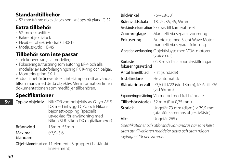 Standardtillbehör, Extra tillbehör, Tillbehör som inte passar | Specifikationer | Nikon 18-55mm-f-35-56G-AF-S-DX-VR-Zoom-Nikko User Manual | Page 50 / 108