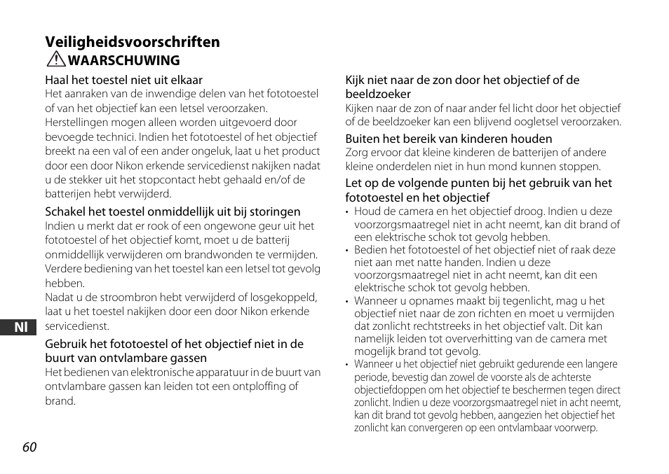 Veiligheidsvoorschriften, Waarschuwing | Nikon 18-55mm-f-35-56G-AF-S-DX-VR-Zoom-Nikko User Manual | Page 60 / 108