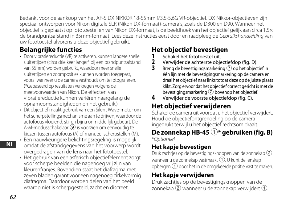 Belangrijke functies, Het objectief bevestigen, Het objectief verwijderen | De zonnekap hb-45 1* gebruiken (fig. b), Het kapje bevestigen, Het kapje verwijderen, Kap*(p. 62), P. 62), G (p. 62) | Nikon 18-55mm-f-35-56G-AF-S-DX-VR-Zoom-Nikko User Manual | Page 62 / 108