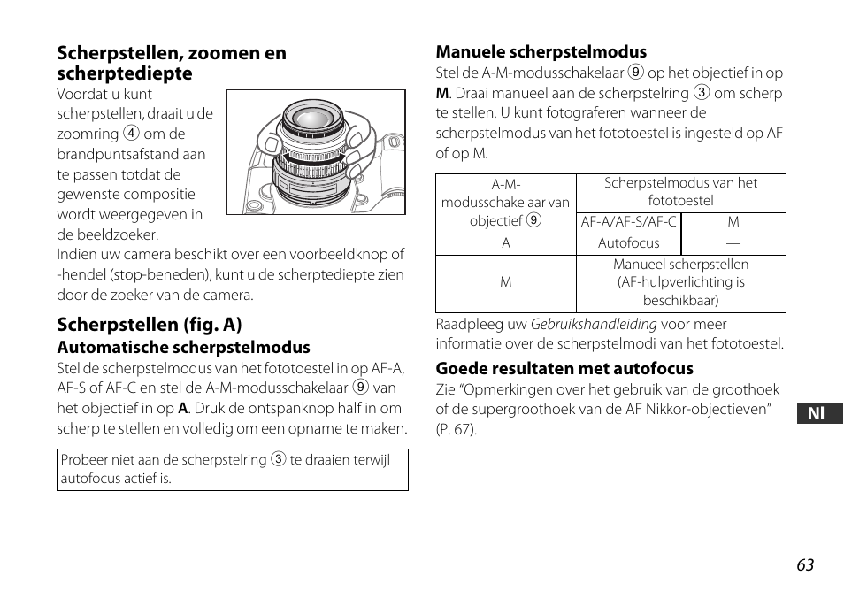Scherpstellen, zoomen enscherptediepte, Scherpstellen (fig. a), Automatische scherpstelmodus | Manuele scherpstelmodus, Goede resultaten met autofocus, P. 63), Scherpstellen, zoomen en scherptediepte | Nikon 18-55mm-f-35-56G-AF-S-DX-VR-Zoom-Nikko User Manual | Page 63 / 108