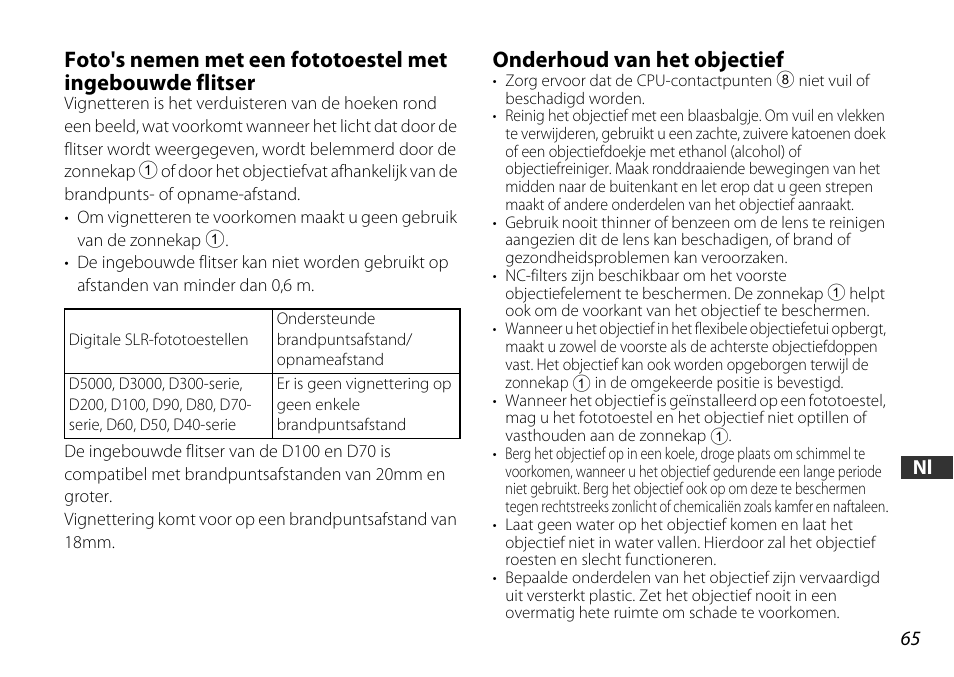 Onderhoud van het objectief, Cpu-contactpunten (p. 65) | Nikon 18-55mm-f-35-56G-AF-S-DX-VR-Zoom-Nikko User Manual | Page 65 / 108