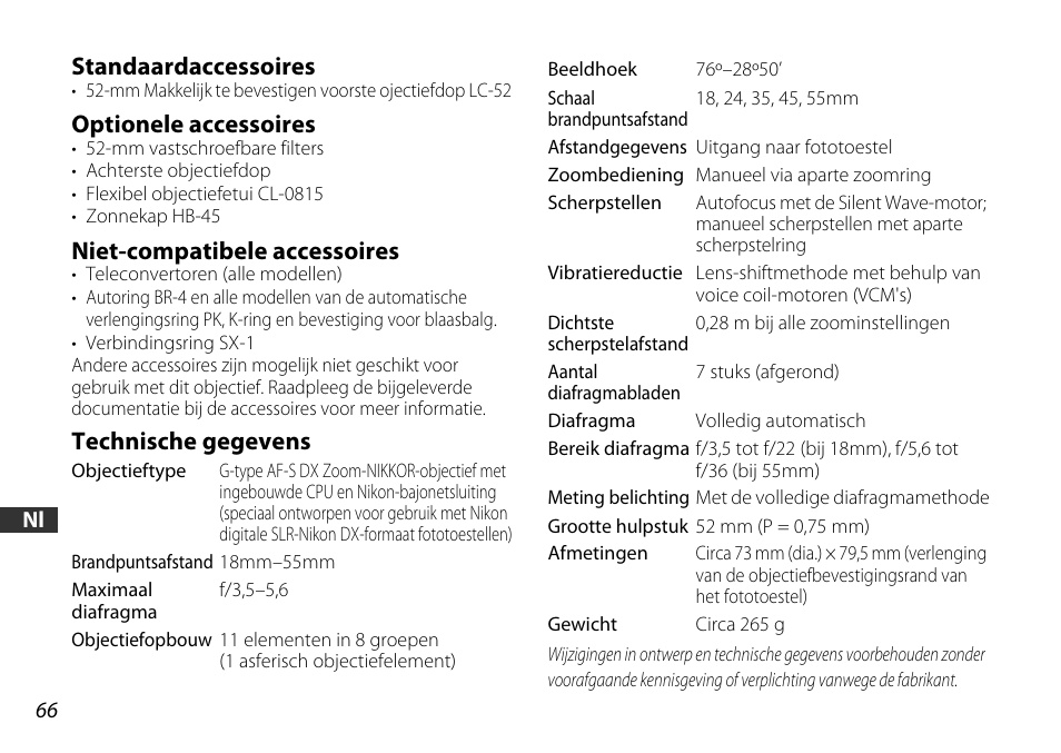 Standaardaccessoires, Optionele accessoires, Niet-compatibele accessoires | Technische gegevens | Nikon 18-55mm-f-35-56G-AF-S-DX-VR-Zoom-Nikko User Manual | Page 66 / 108