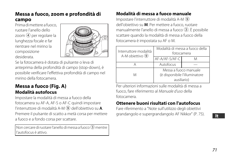 Messa a fuoco, zoom e profondità dicampo, Messa a fuoco (fig. a), Modalità autofocus | Modalità di messa a fuoco manuale, Ottenere buoni risultati con l'autofocus, Zoom (p. 71), P. 71), Messa a fuoco, zoom e profondità di campo | Nikon 18-55mm-f-35-56G-AF-S-DX-VR-Zoom-Nikko User Manual | Page 71 / 108