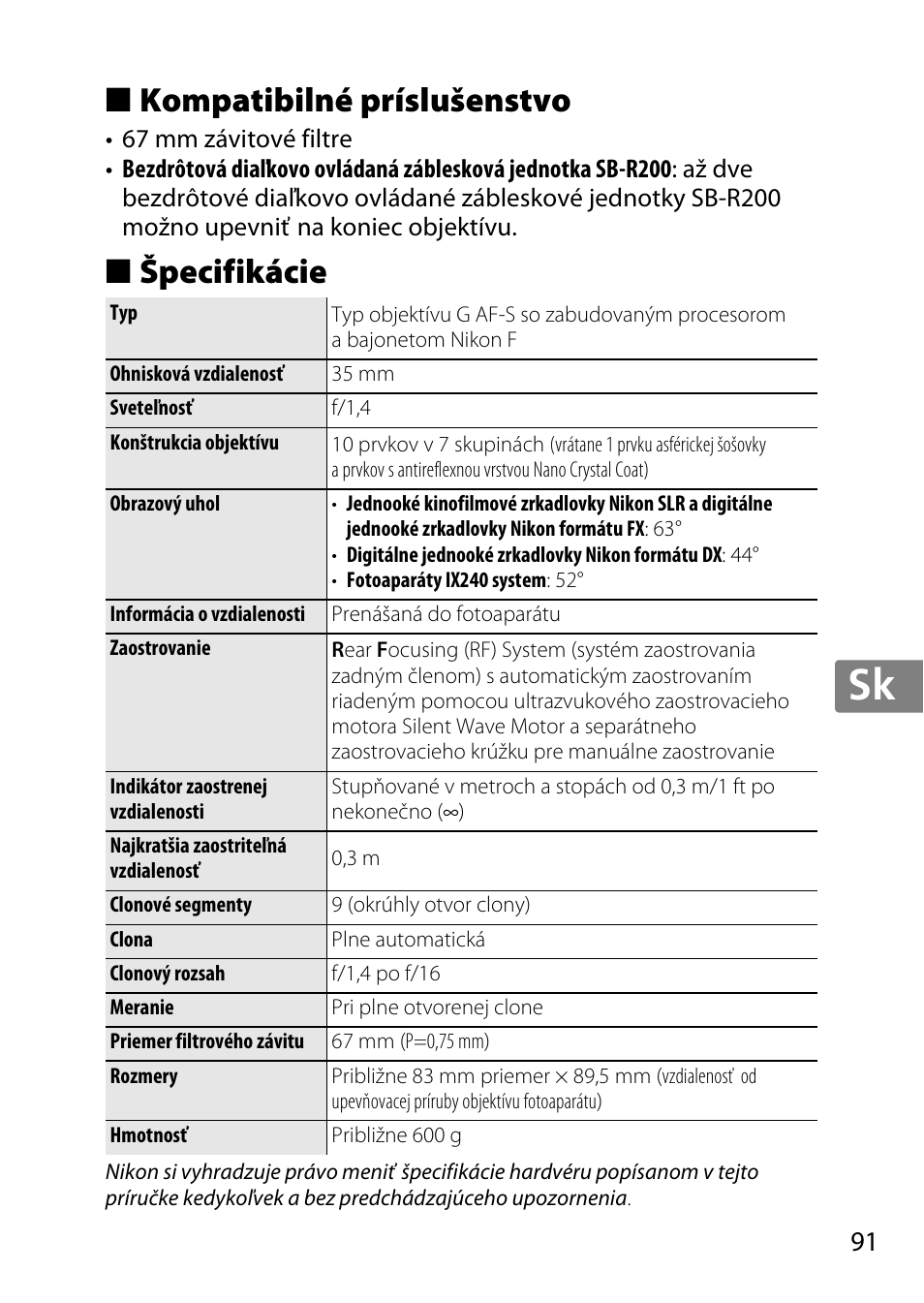 Kompatibilné príslušenstvo, Špecifikácie, Jp en de fr es sv ru nl it cz sk ro ua ck ch kr | Nikon 35mm-f-14G-AF-S-Nikkor User Manual | Page 91 / 140