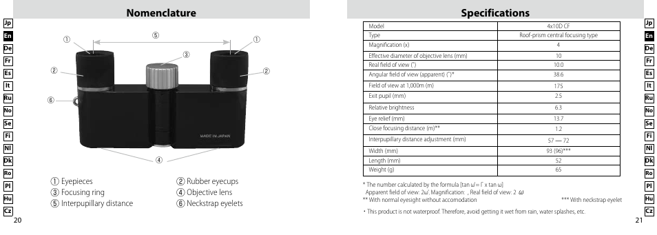 Nomenclature, Specifications | Nikon Compact-Sport-Sprint User Manual | Page 11 / 83