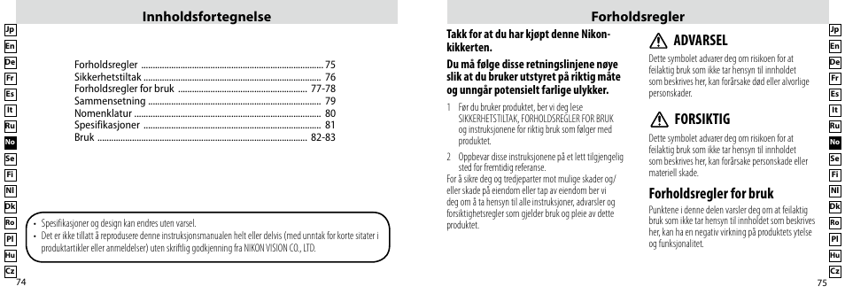 Forholdsregler for bruk, Advarsel, Forsiktig | Innholdsfortegnelse forholdsregler | Nikon Compact-Sport-Sprint User Manual | Page 38 / 83