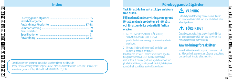 Användningsföreskrifter, Varning, Försiktigt | Förebyggande åtgärder index | Nikon Compact-Sport-Sprint User Manual | Page 43 / 83