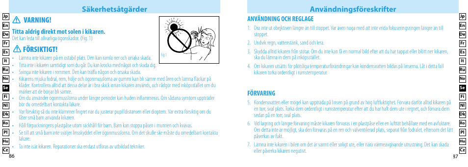 Säkerhetsåtgärder användningsföreskrifter, Försiktigt, Varning | Nikon Compact-Sport-Sprint User Manual | Page 44 / 83