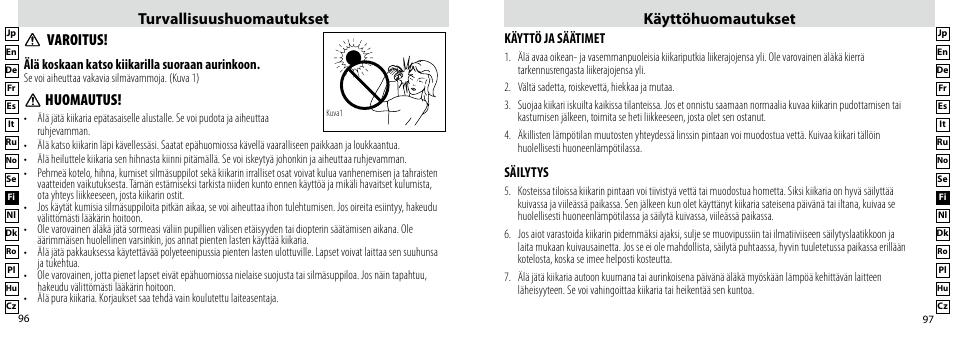 Turvallisuushuomautukset käyttöhuomautukset, Huomautus, Varoitus | Nikon Compact-Sport-Sprint User Manual | Page 49 / 83