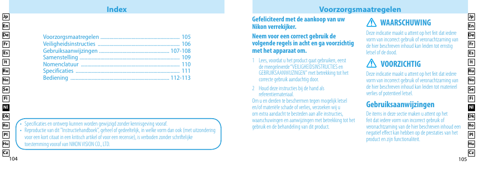 Gebruiksaanwijzingen, Waarschuwing, Voorzichtig | Index voorzorgsmaatregelen | Nikon Compact-Sport-Sprint User Manual | Page 53 / 83