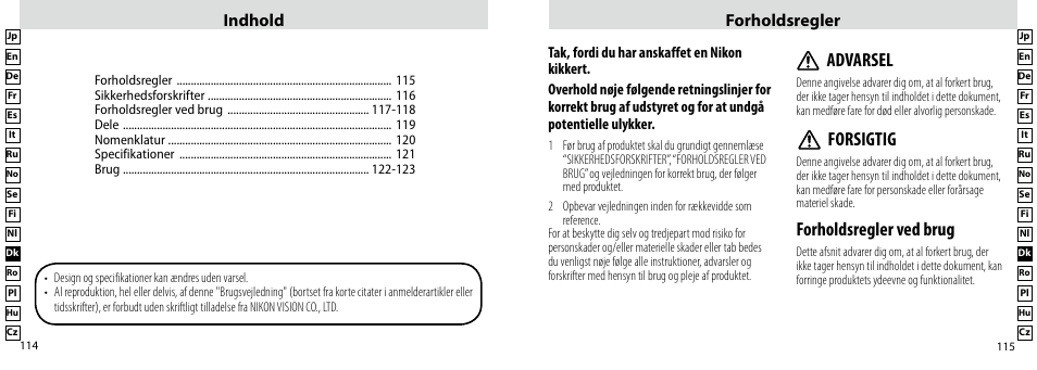 Forholdsregler ved brug, Advarsel, Forsigtig | Indhold forholdsregler | Nikon Compact-Sport-Sprint User Manual | Page 58 / 83