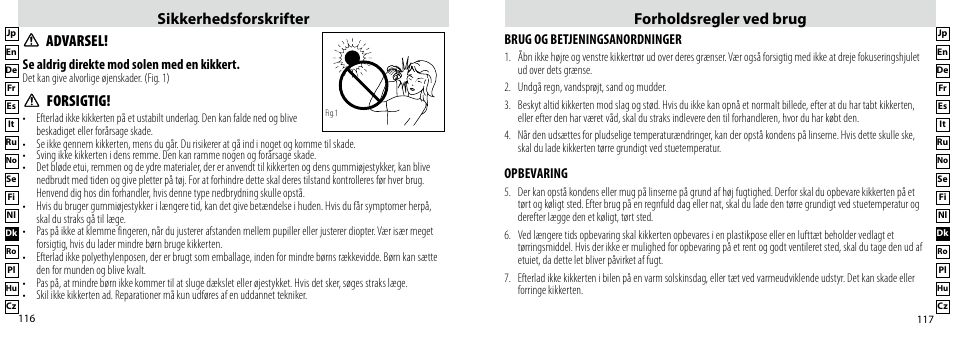 Forholdsregler ved brug sikkerhedsforskrifter, Forsigtig, Advarsel | Nikon Compact-Sport-Sprint User Manual | Page 59 / 83