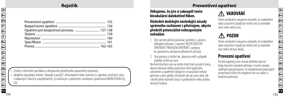 Provozní opatření, Varování, Pozor | Rejstřík preventivní opatření | Nikon Compact-Sport-Sprint User Manual | Page 78 / 83