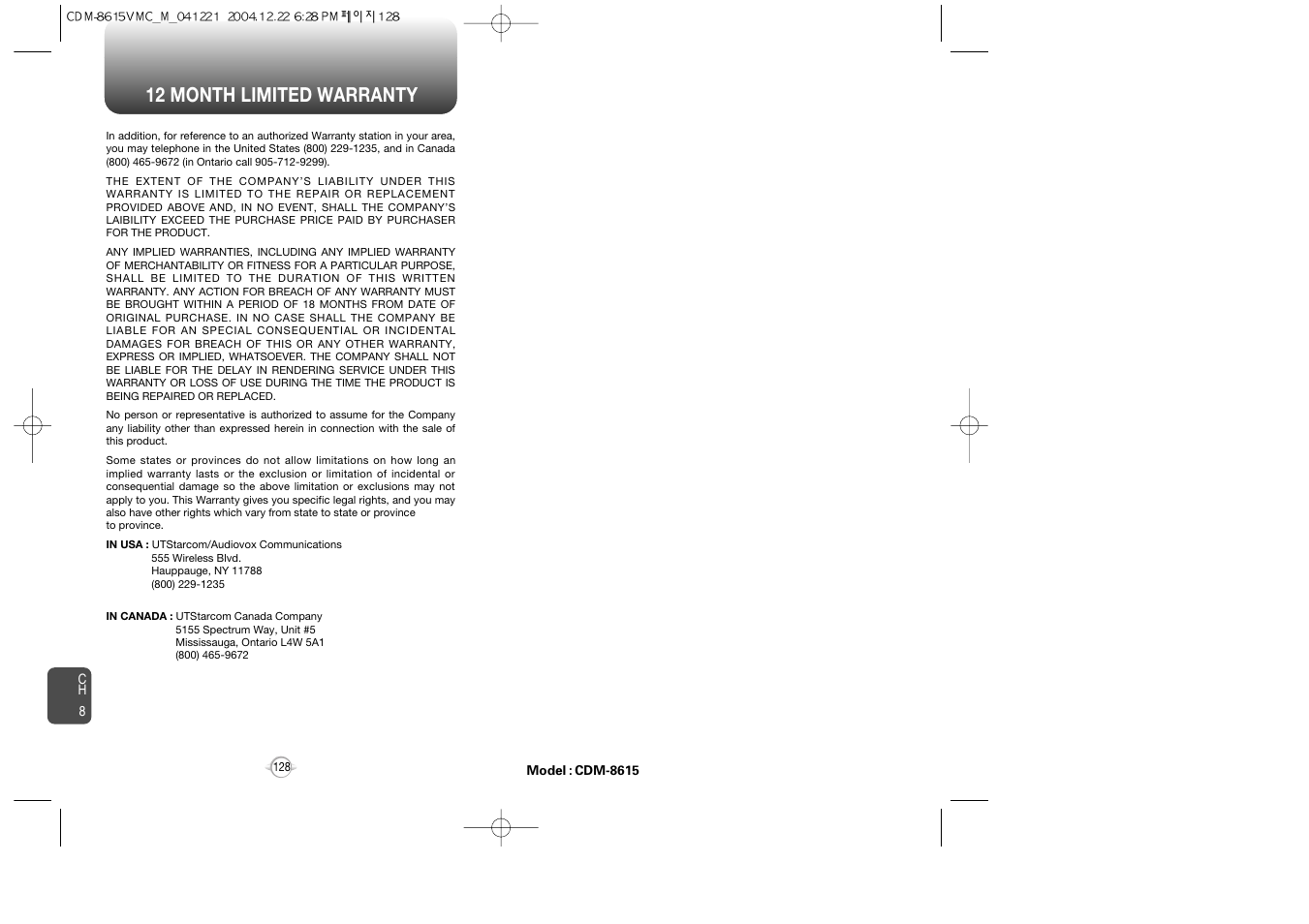 12 month limited warranty | Audiovox CDM-8615 User Manual | Page 66 / 66