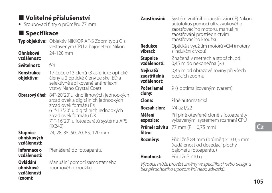 Jp de fr es se ru nl it cz sk ck ch kr cz | Nikon 24-120mm-f-4G-ED-AF-S-VR-Zoom-Nikkor User Manual | Page 105 / 164