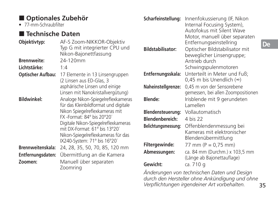 Jp en de fr es se ru nl it cz sk ck ch kr | Nikon 24-120mm-f-4G-ED-AF-S-VR-Zoom-Nikkor User Manual | Page 35 / 164