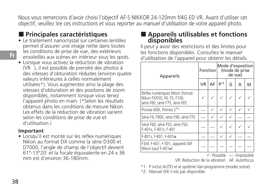 Jp en de fr es se ru nl it cz sk ck ch kr, Appareils utilisables et fonctions disponibles, Principales caractéristiques | Nikon 24-120mm-f-4G-ED-AF-S-VR-Zoom-Nikkor User Manual | Page 38 / 164