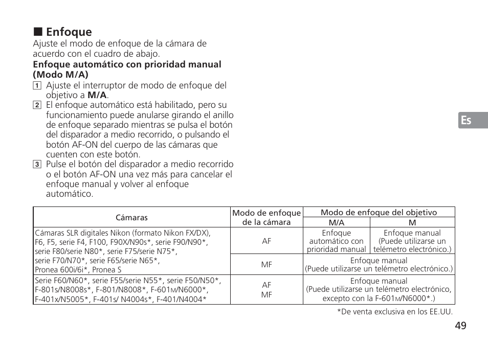 Jp en de fr es se ru nl it cz sk ck ch kr, Enfoque | Nikon 24-120mm-f-4G-ED-AF-S-VR-Zoom-Nikkor User Manual | Page 49 / 164