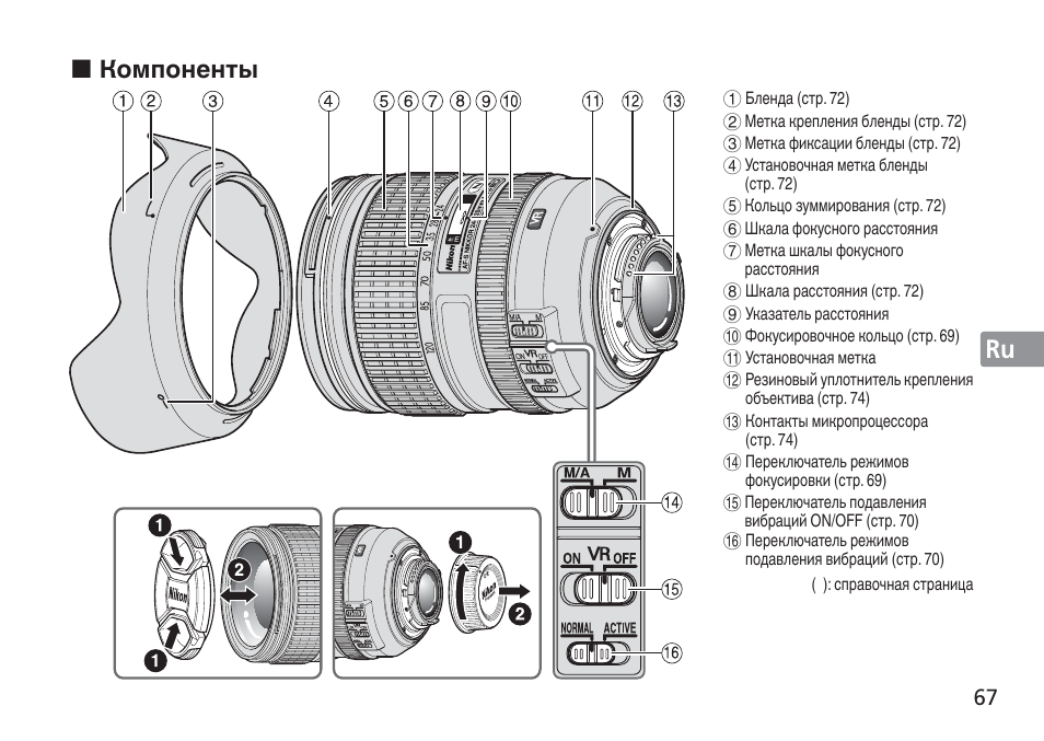 Jp en de fr es se ru nl it cz sk ck ch kr, Компоненты | Nikon 24-120mm-f-4G-ED-AF-S-VR-Zoom-Nikkor User Manual | Page 67 / 164