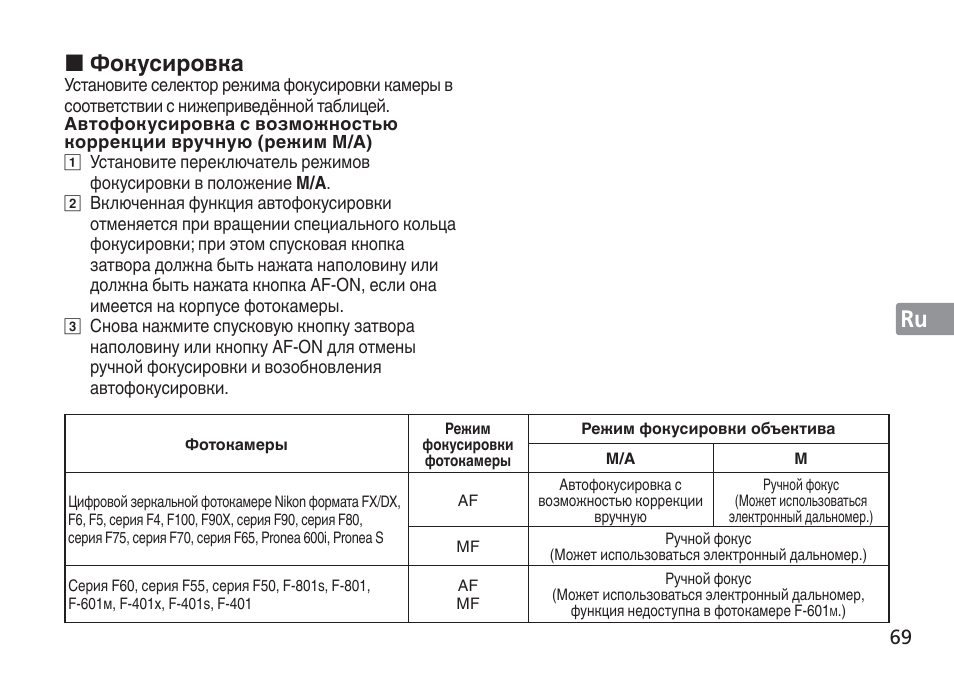 Jp en de fr es se ru nl it cz sk ck ch kr, Фокусировка | Nikon 24-120mm-f-4G-ED-AF-S-VR-Zoom-Nikkor User Manual | Page 69 / 164