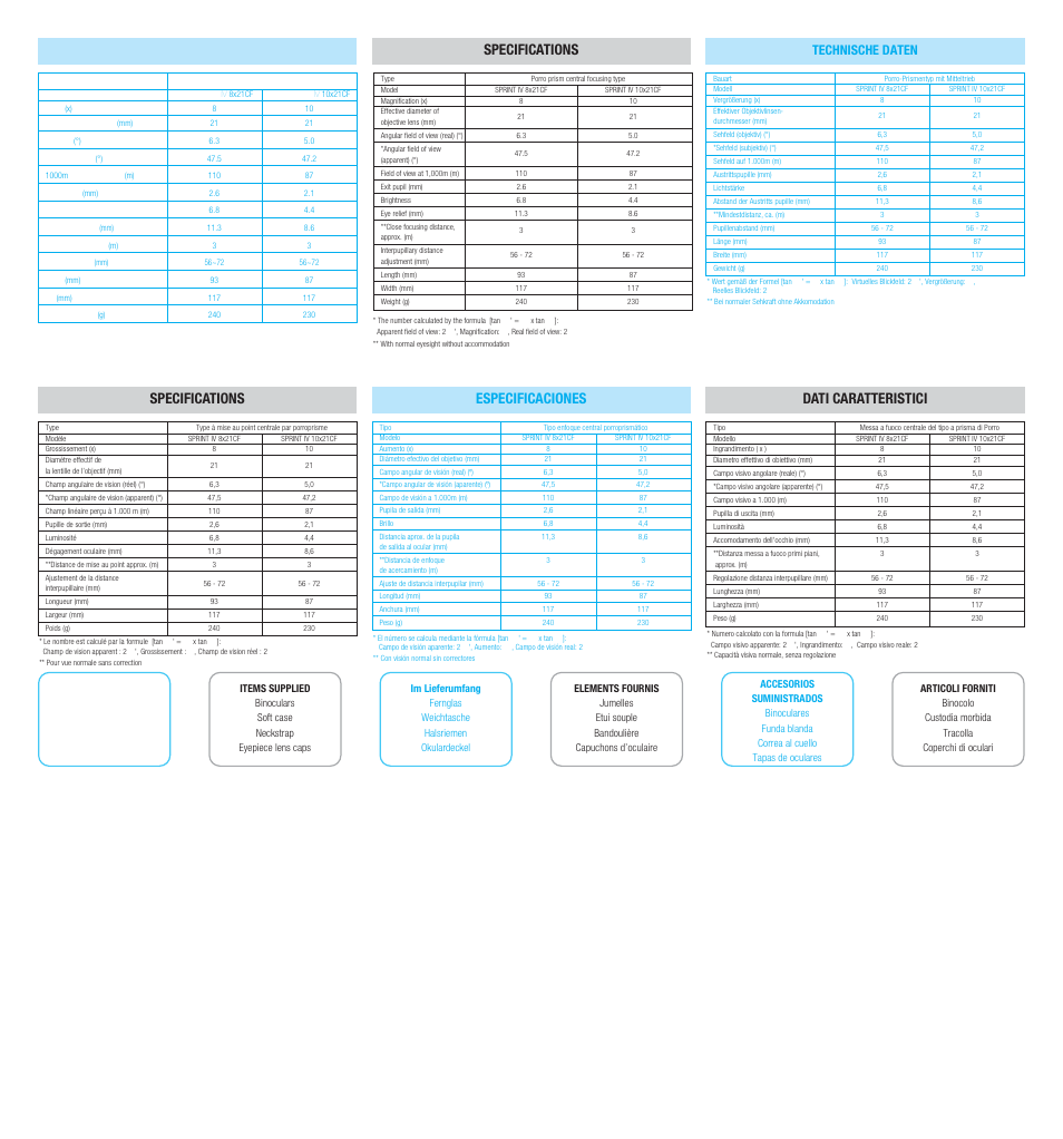 Specifications, Specifications especificaciones, Dati caratteristici | Technische daten | Nikon Compact-Sport-Sprint User Manual | Page 2 / 2