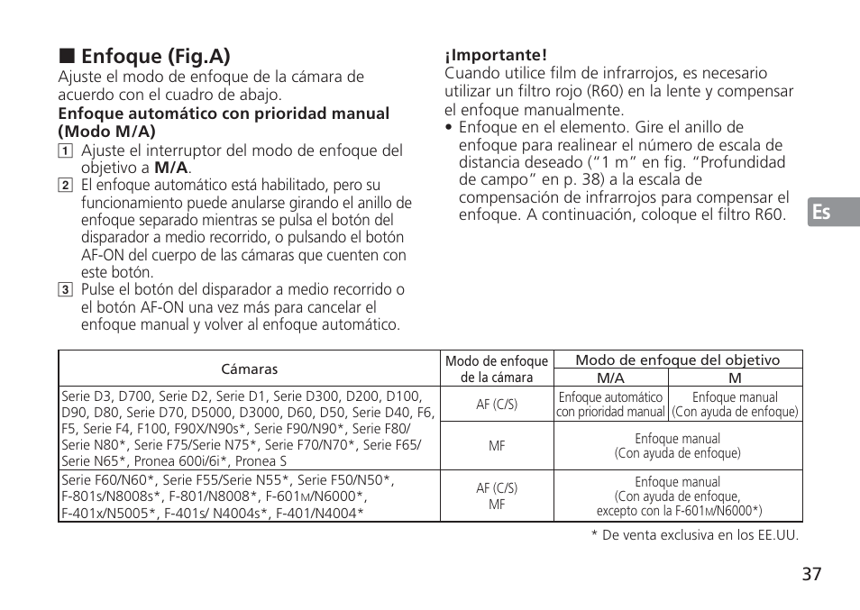 Jp en de fr es se ru nl it cz sk ck ch kr, Enfoque (fig.a) | Nikon 24mm-f-14G-ED-AF-S-Nikkor User Manual | Page 37 / 116