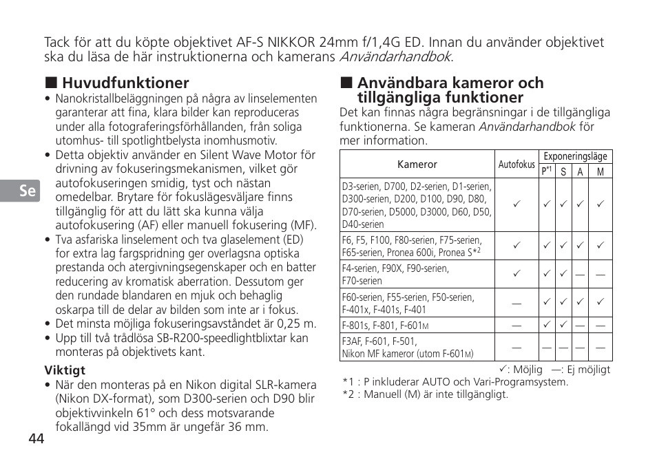 Jp en de fr es se ru nl it cz sk ck ch kr, Användbara kameror och tillgängliga funktioner, Huvudfunktioner | Nikon 24mm-f-14G-ED-AF-S-Nikkor User Manual | Page 44 / 116