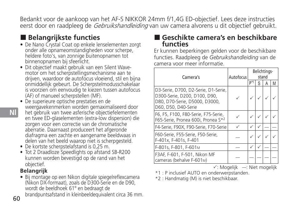 Jp en de fr es se ru nl it cz sk ck ch kr, Geschikte camera’s en beschikbare functies, Belangrijkste functies | Nikon 24mm-f-14G-ED-AF-S-Nikkor User Manual | Page 60 / 116