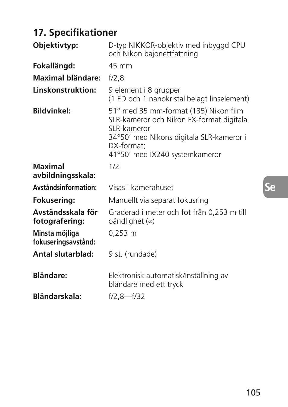 Specifikationer | Nikon 45mm-f-28D-ED-PC-E-Nikkor User Manual | Page 105 / 252