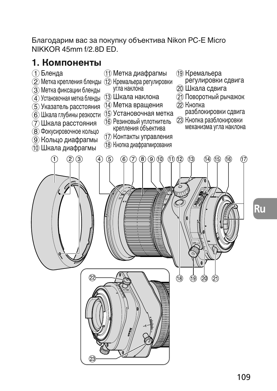 Компоненты | Nikon 45mm-f-28D-ED-PC-E-Nikkor User Manual | Page 109 / 252