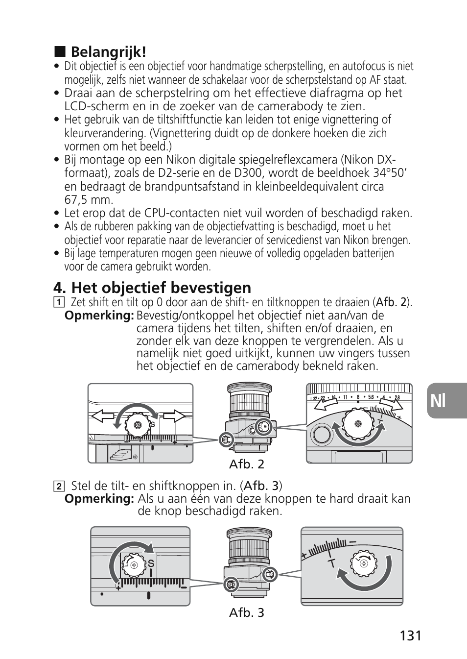 Het objectief bevestigen | Nikon 45mm-f-28D-ED-PC-E-Nikkor User Manual | Page 131 / 252