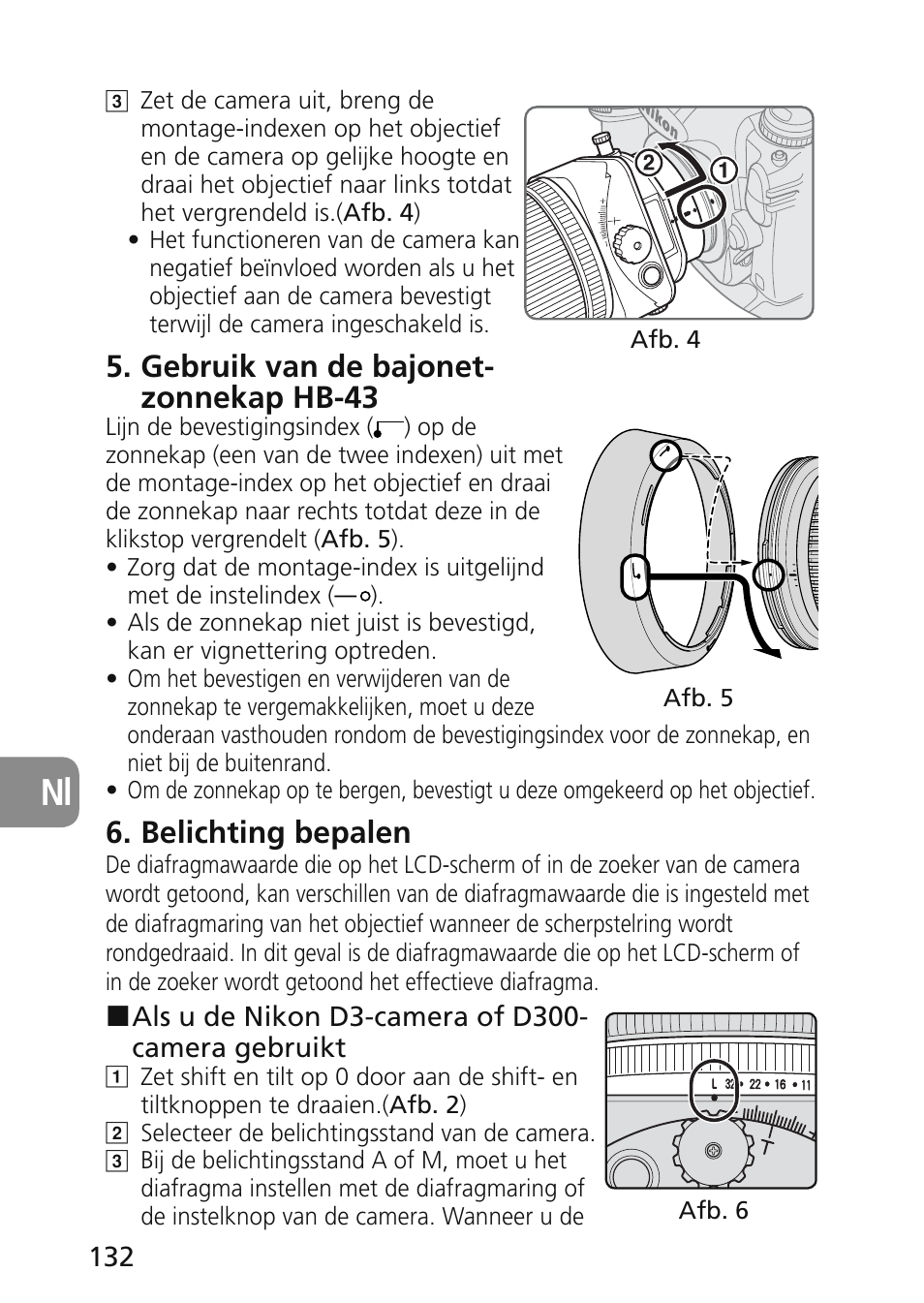 Gebruik van de bajonet- zonnekap hb-43, Belichting bepalen | Nikon 45mm-f-28D-ED-PC-E-Nikkor User Manual | Page 132 / 252