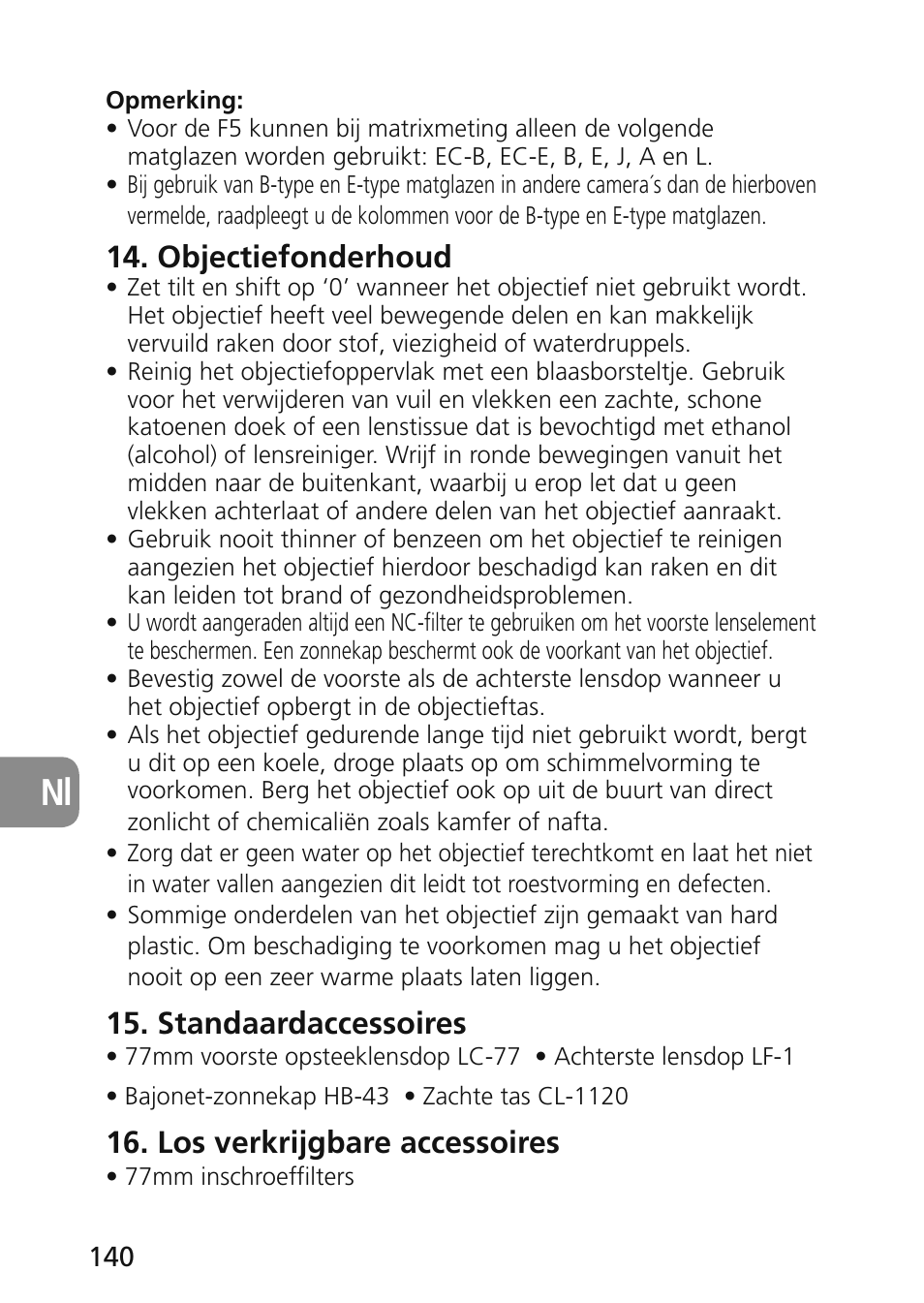 Objectiefonderhoud, Standaardaccessoires, Los verkrijgbare accessoires | Nikon 45mm-f-28D-ED-PC-E-Nikkor User Manual | Page 140 / 252