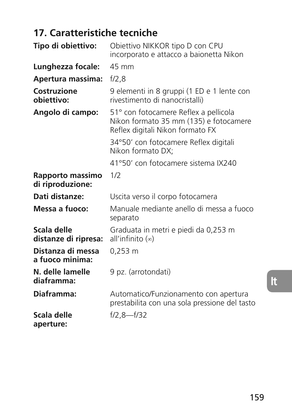 Caratteristiche tecniche | Nikon 45mm-f-28D-ED-PC-E-Nikkor User Manual | Page 159 / 252