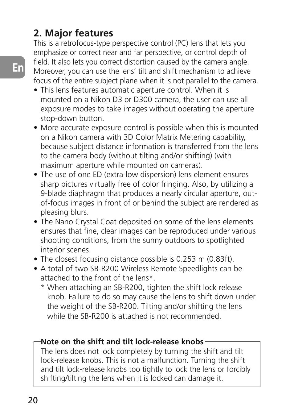 Major features | Nikon 45mm-f-28D-ED-PC-E-Nikkor User Manual | Page 20 / 252