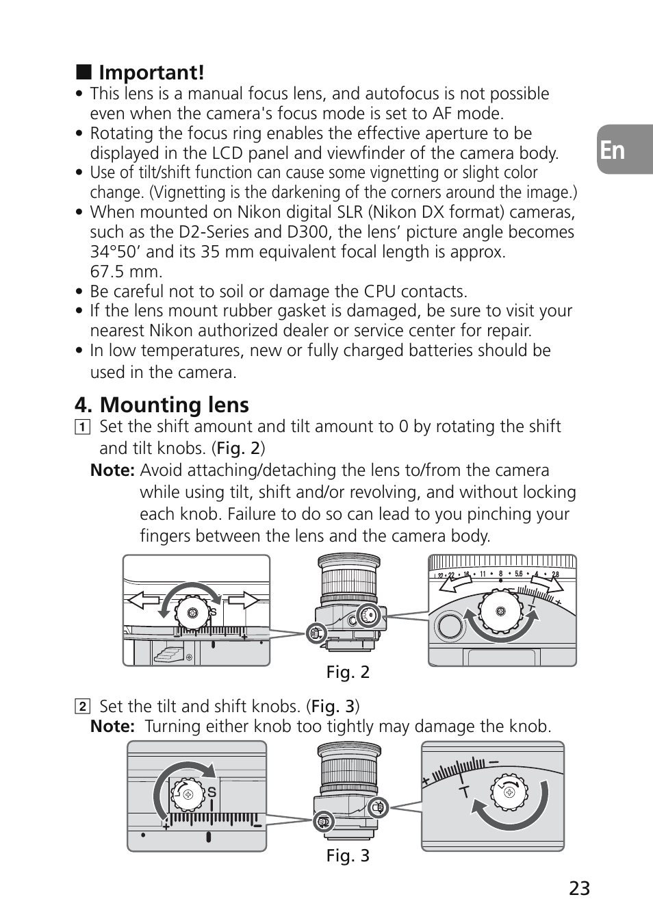 Mounting lens | Nikon 45mm-f-28D-ED-PC-E-Nikkor User Manual | Page 23 / 252