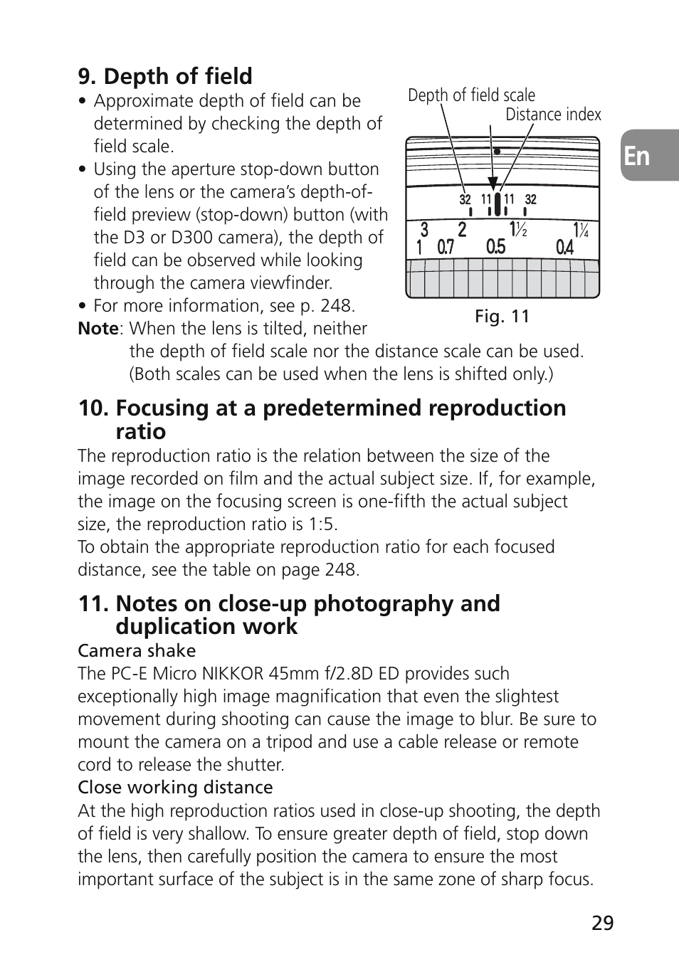 Depth of field, Focusing at a predetermined reproduction ratio | Nikon 45mm-f-28D-ED-PC-E-Nikkor User Manual | Page 29 / 252