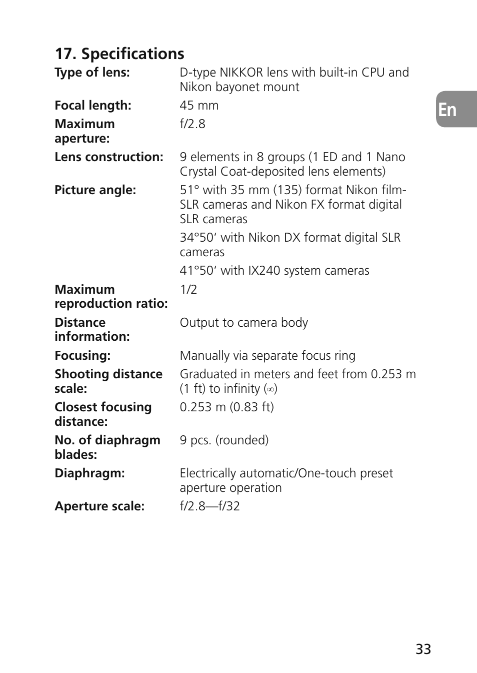 Specifications | Nikon 45mm-f-28D-ED-PC-E-Nikkor User Manual | Page 33 / 252