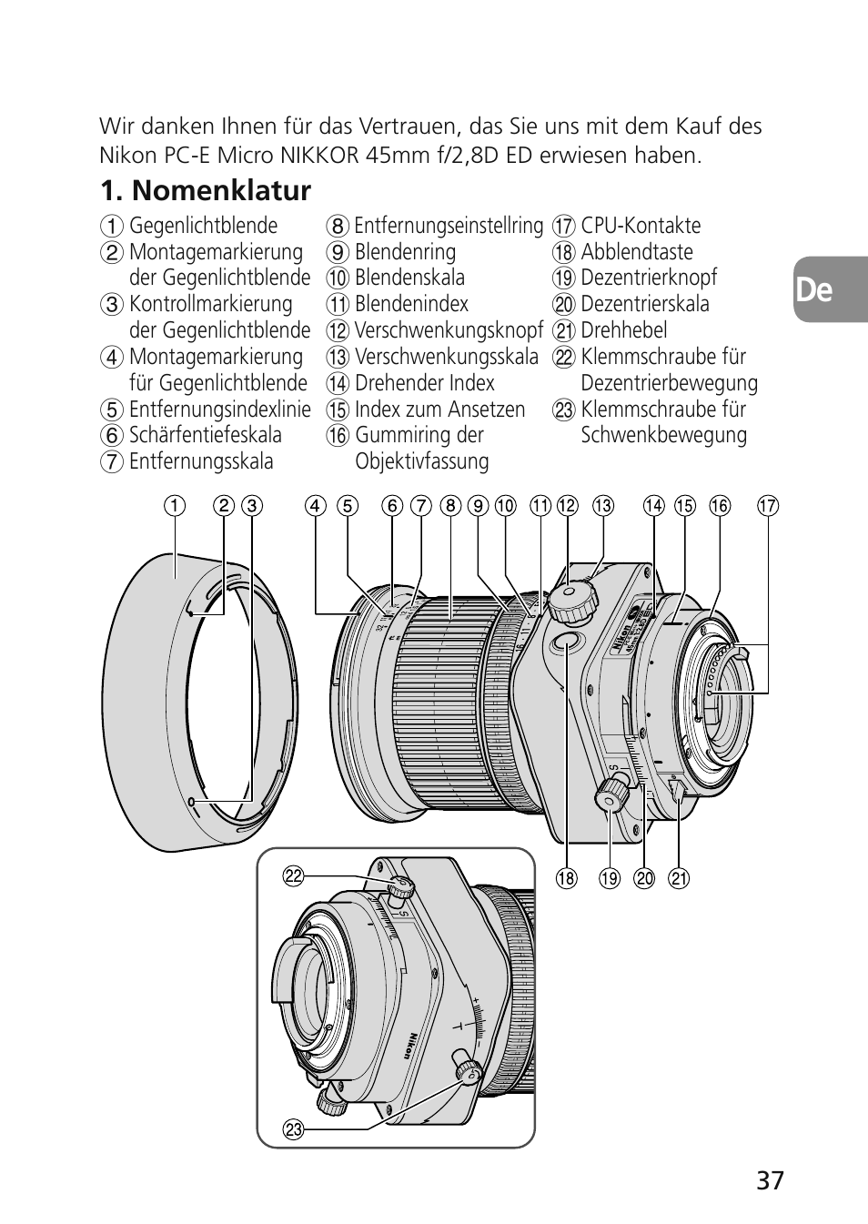 Nomenklatur | Nikon 45mm-f-28D-ED-PC-E-Nikkor User Manual | Page 37 / 252