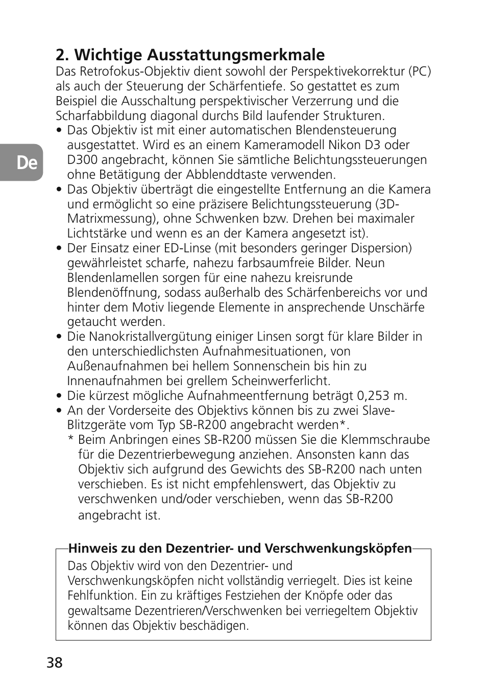 Wichtige ausstattungsmerkmale | Nikon 45mm-f-28D-ED-PC-E-Nikkor User Manual | Page 38 / 252